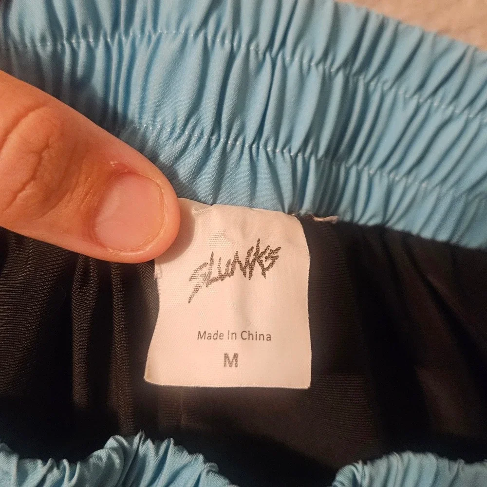 Slunks Mens Board Shorts Black Paint Splatter Blue Waistband Swim Trunks Size M